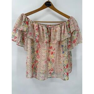 Anthropology Floral Off the Shoulder Ruffle Blouse L Pink Chiffon Boho Feminine